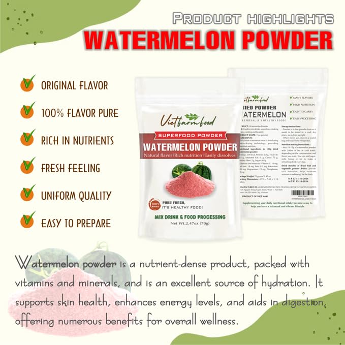 WATERMELON POWDER 2.47 oz (70g) VIETFARMFOOD: Pure freeze-dried fruit powder, made from real fruit with no added sugar - Perfect for daily nutrition to keep your body full of vitality.