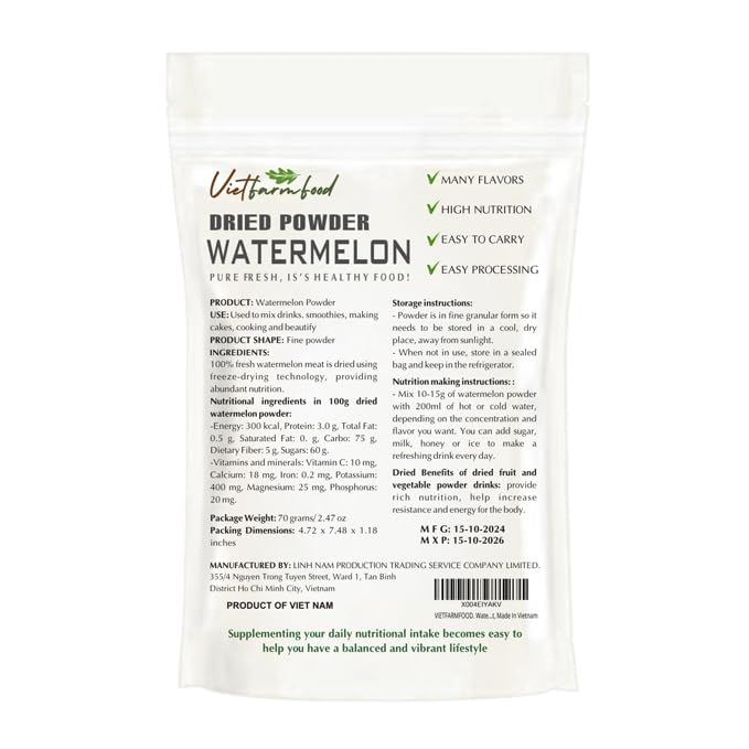 WATERMELON POWDER 2.47 oz (70g) VIETFARMFOOD: Pure freeze-dried fruit powder, made from real fruit with no added sugar - Perfect for daily nutrition to keep your body full of vitality.