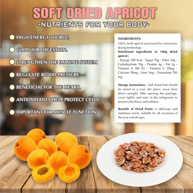 SOFT DRIED APRICOT 5.29oz (150g) VIETFARMFOOD: Convection dried fruit with a little sugar, salt, natural sweetness, soft when chewed. Suitable for snack, topping, healthy desserts for all ages