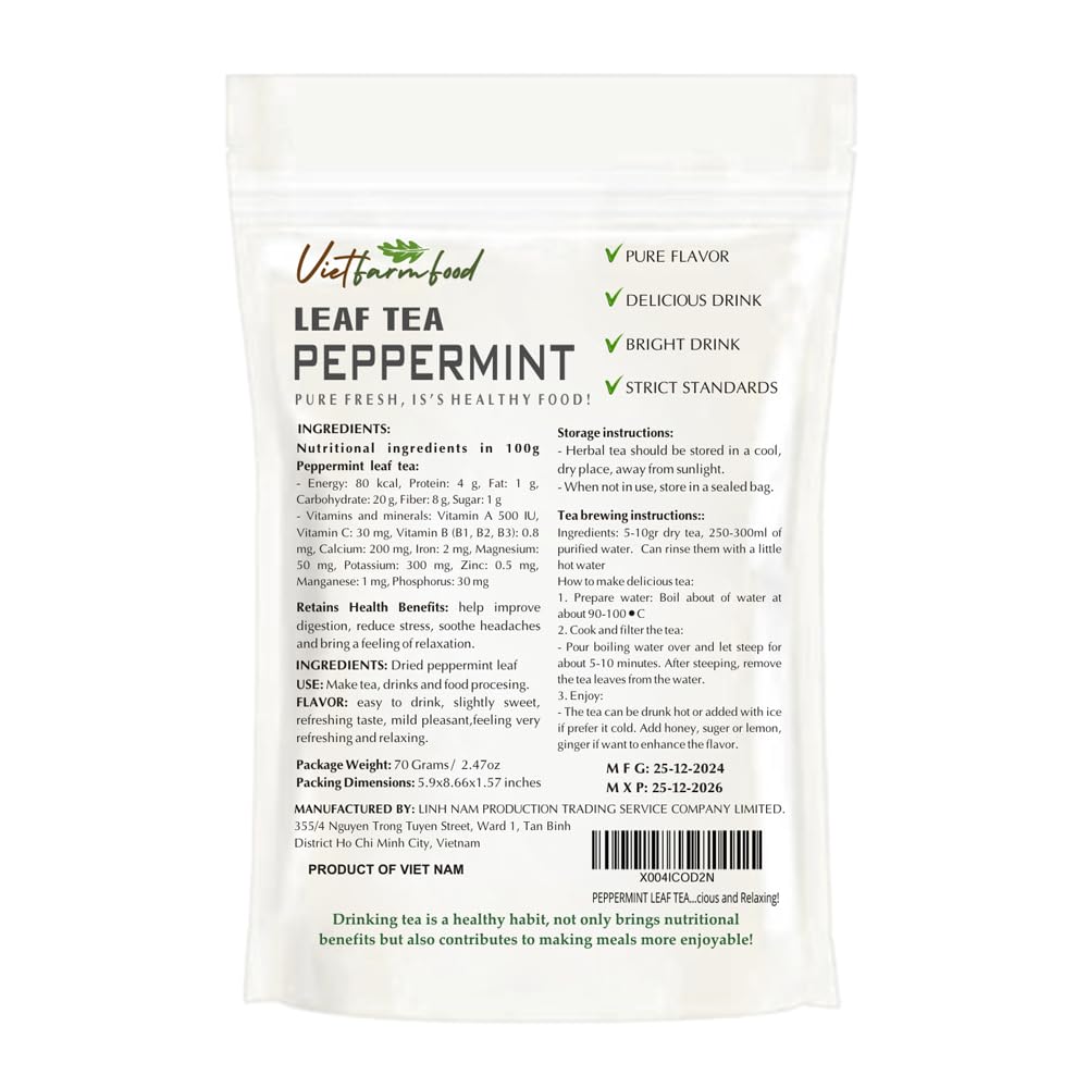 PEPPERMINT LEAF TEA 2.47 Oz (70g) VIETFARMFOOD:Natural pure dried herbs are used for making drinks and cooking ingredients. Drinking tea is a healthy habit that makes meals delicious and relaxing
