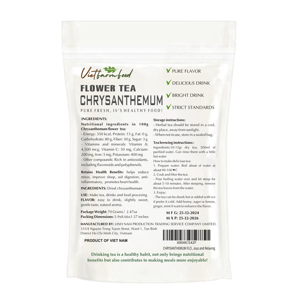 CHRYSANTHEMUM FLOWER TEA 2.47 Oz (70g) VIETFARMFOOD:Natural pure dried herbs are used for making drinks and cooking ingredients. Drinking tea is a healthy habit that makes meals delicious and relaxing