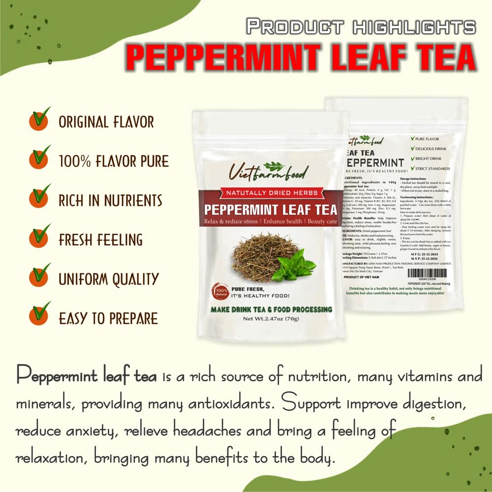 PEPPERMINT LEAF TEA 2.47 Oz (70g) VIETFARMFOOD:Natural pure dried herbs are used for making drinks and cooking ingredients. Drinking tea is a healthy habit that makes meals delicious and relaxing