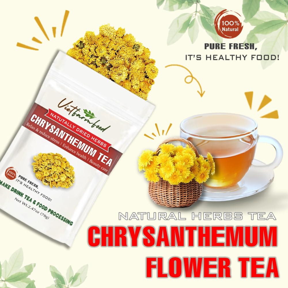 CHRYSANTHEMUM FLOWER TEA 2.47 Oz (70g) VIETFARMFOOD:Natural pure dried herbs are used for making drinks and cooking ingredients. Drinking tea is a healthy habit that makes meals delicious and relaxing