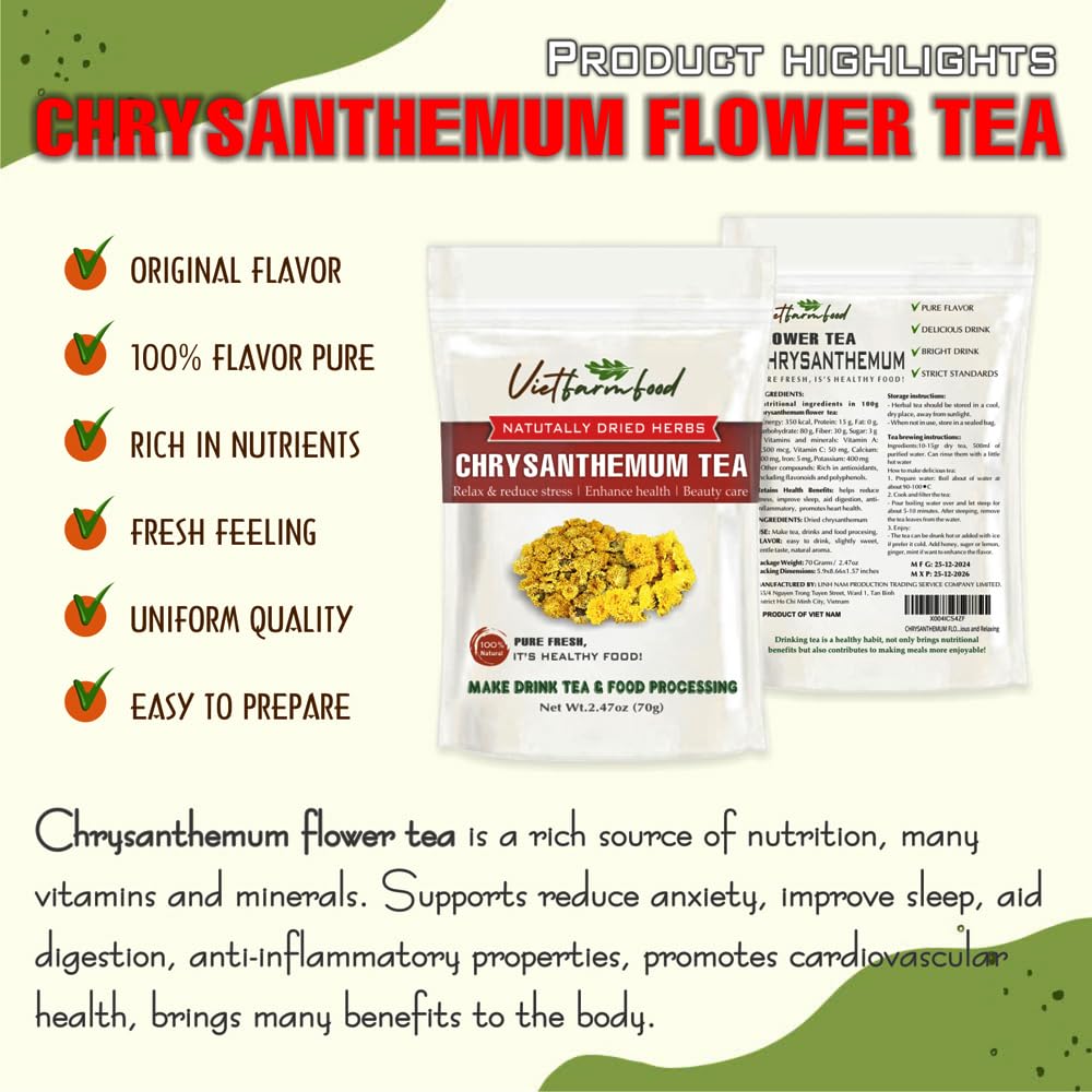 CHRYSANTHEMUM FLOWER TEA 2.47 Oz (70g) VIETFARMFOOD:Natural pure dried herbs are used for making drinks and cooking ingredients. Drinking tea is a healthy habit that makes meals delicious and relaxing
