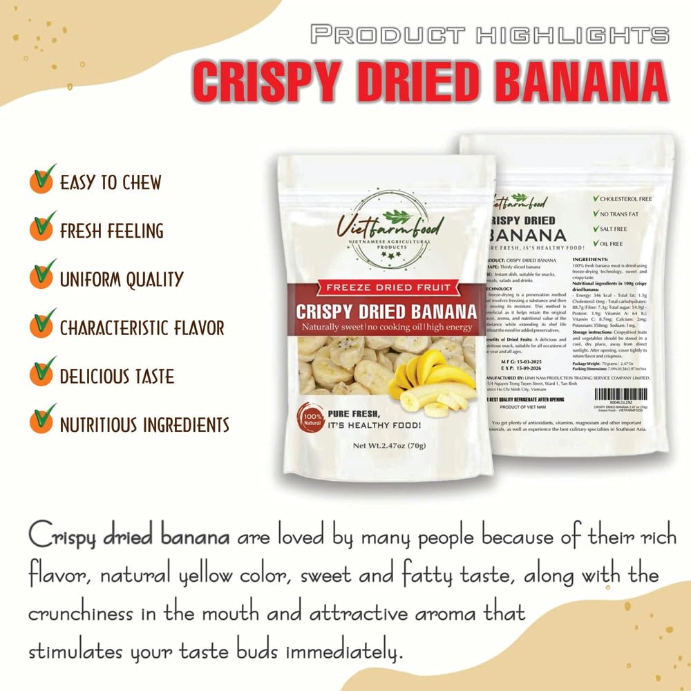 CRISPY DRIED BANANA 2.47 oz (70g) VIETFARMFOOD: Freeze-dried, No Sugar Added, Naturally Sweet, Convenient Packaging, Many Nutrients Beneficial To Health, Suitable For Snacking Or As A Gift.