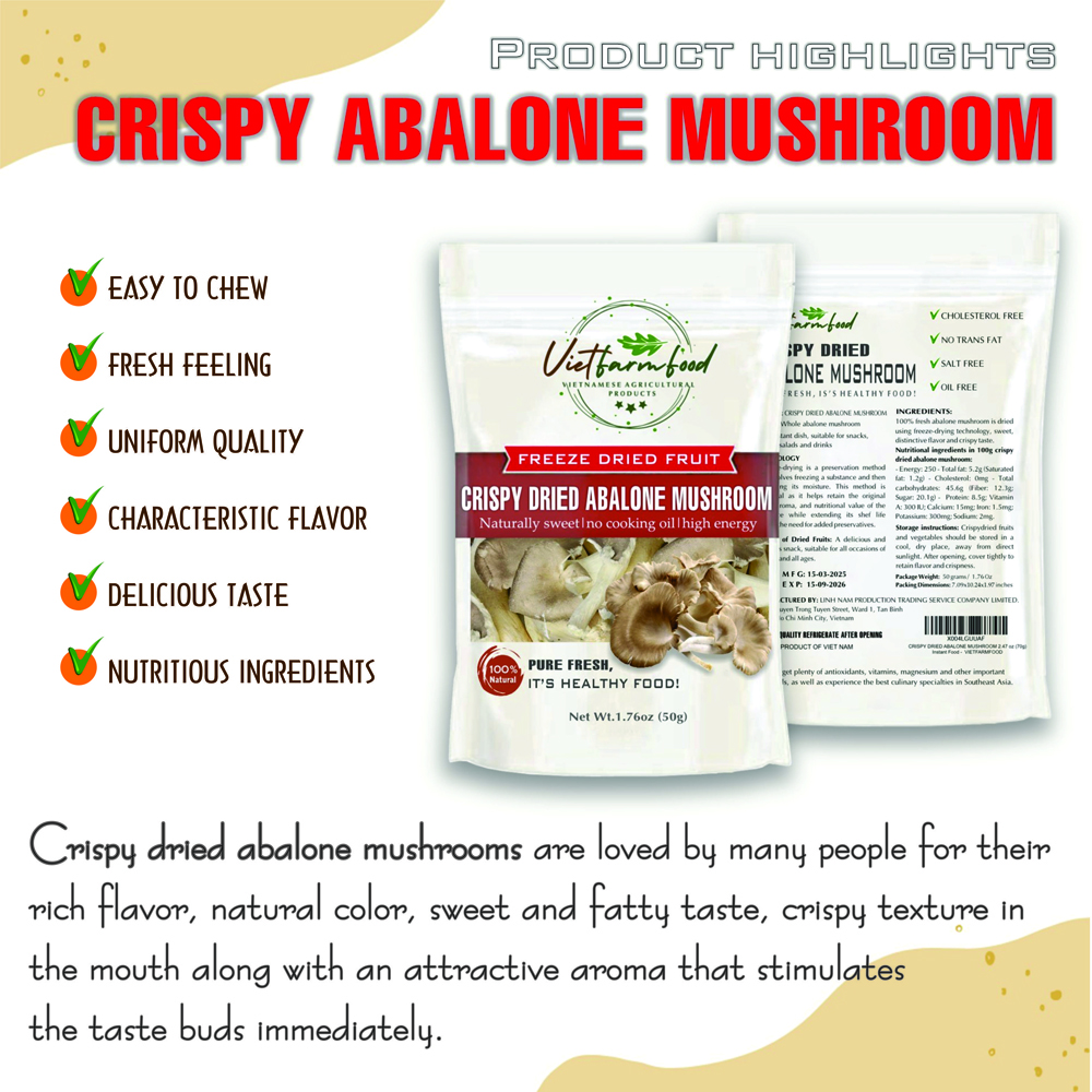 CRISPY ABALONE MUSHROOM 1.76 oz (50g) VIETFARMFOOD: Freeze-dried, No Sugar Added, Naturally Sweet, Convenient Packaging, Many Nutrients Beneficial To Health, Suitable For Snacking Or As A Gift.