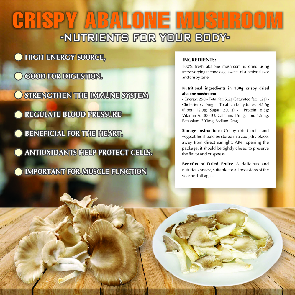 CRISPY ABALONE MUSHROOM 1.76 oz (50g) VIETFARMFOOD: Freeze-dried, No Sugar Added, Naturally Sweet, Convenient Packaging, Many Nutrients Beneficial To Health, Suitable For Snacking Or As A Gift.