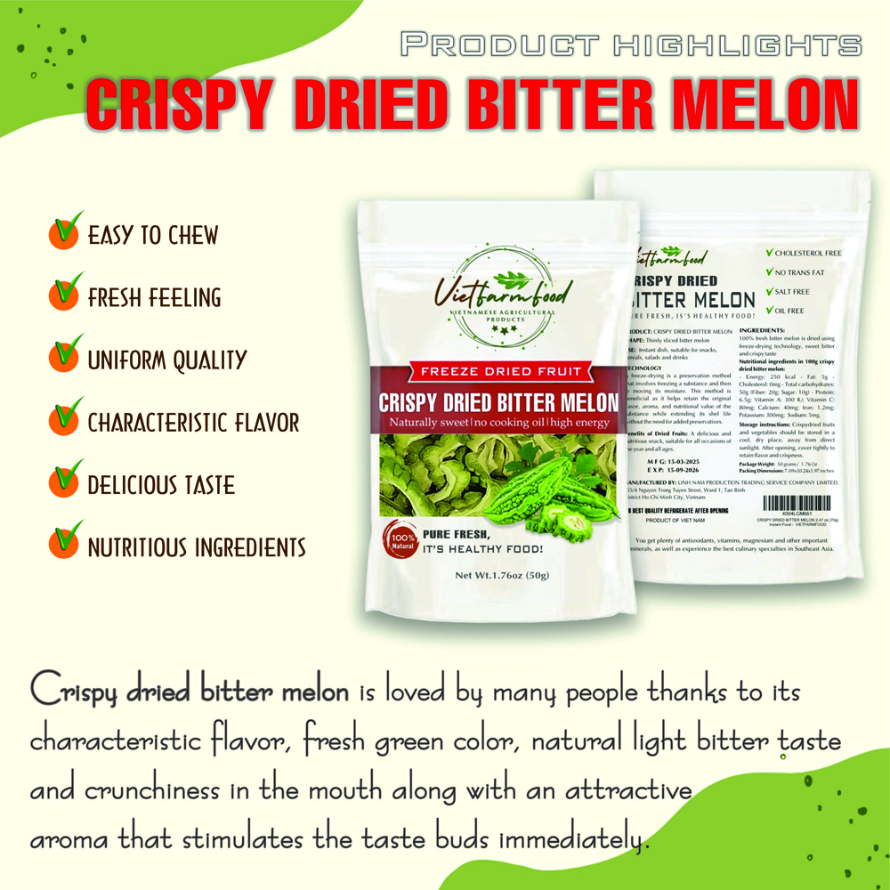 CRISPY DRIED BITTER MELON 1.76 oz (50g) VIETFARMFOOD: Freeze-dried, No Sugar Added, Naturally Sweet, Convenient Packaging, Many Nutrients Beneficial To Health, Suitable For Snacking Or As A Gift.