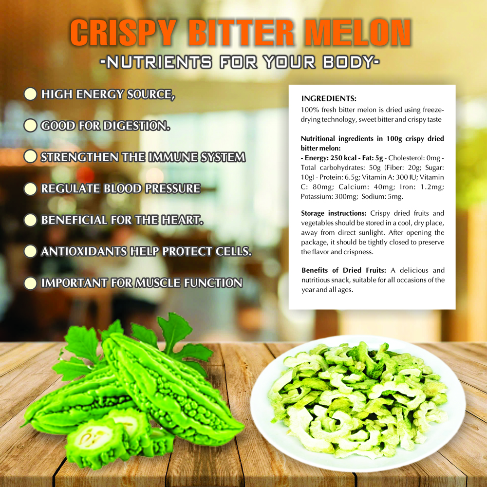 CRISPY DRIED BITTER MELON 1.76 oz (50g) VIETFARMFOOD: Freeze-dried, No Sugar Added, Naturally Sweet, Convenient Packaging, Many Nutrients Beneficial To Health, Suitable For Snacking Or As A Gift.