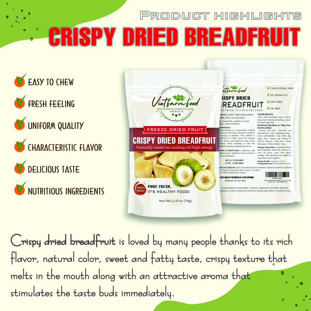 CRISPY DRIED BREADFRUIT 2.47 oz (70g) VIETFARMFOOD: Freeze-dried, No Sugar Added, Naturally Sweet, Convenient Packaging, Many Nutrients Beneficial To Health, Suitable For Snacking Or As A Gift.
