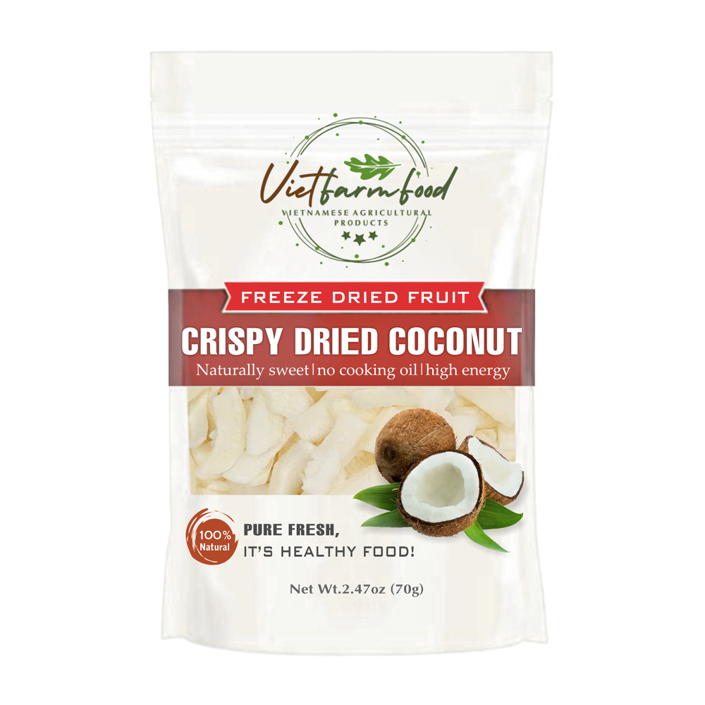 CRISPY DRIED COCONUT 2.47 oz (70g) VIETFARMFOOD: Freeze-dried, No Sugar Added, Naturally Sweet, Convenient Packaging, Many Nutrients Beneficial To Health, Suitable For Snacking Or As A Gift.