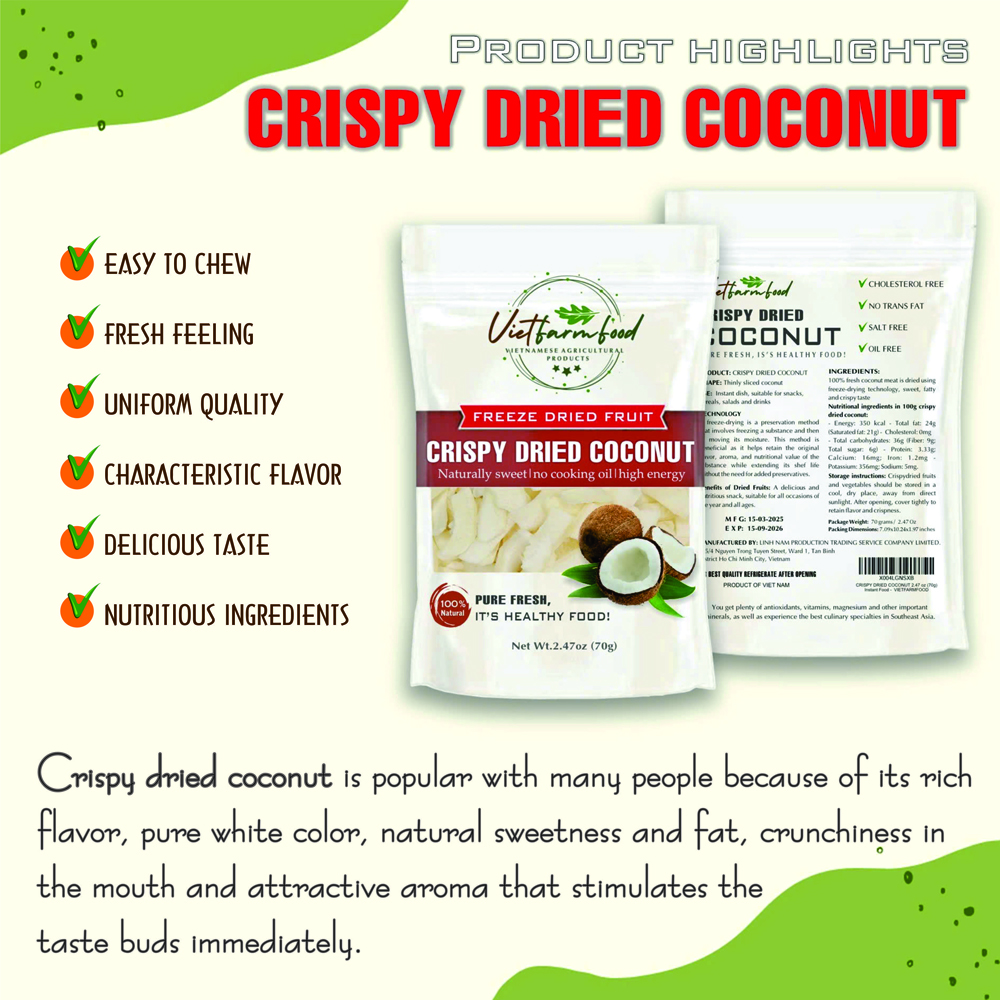 CRISPY DRIED COCONUT 2.47 oz (70g) VIETFARMFOOD: Freeze-dried, No Sugar Added, Naturally Sweet, Convenient Packaging, Many Nutrients Beneficial To Health, Suitable For Snacking Or As A Gift.