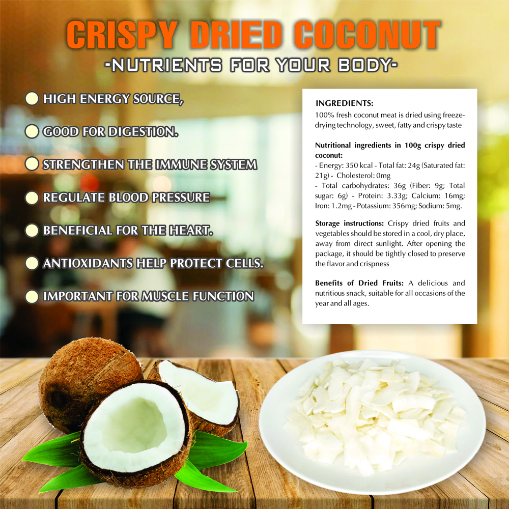 CRISPY DRIED COCONUT 2.47 oz (70g) VIETFARMFOOD: Freeze-dried, No Sugar Added, Naturally Sweet, Convenient Packaging, Many Nutrients Beneficial To Health, Suitable For Snacking Or As A Gift.