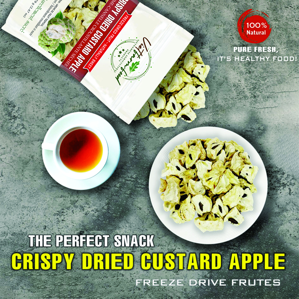 CRISPY DRIED CUSTARD APPLE 2.47 oz (70g) VIETFARMFOOD: Freeze-dried, No Sugar Added, Naturally Sweet, Convenient Packaging, Many Nutrients Beneficial To Health, Suitable For Snacking Or As A Gift.
