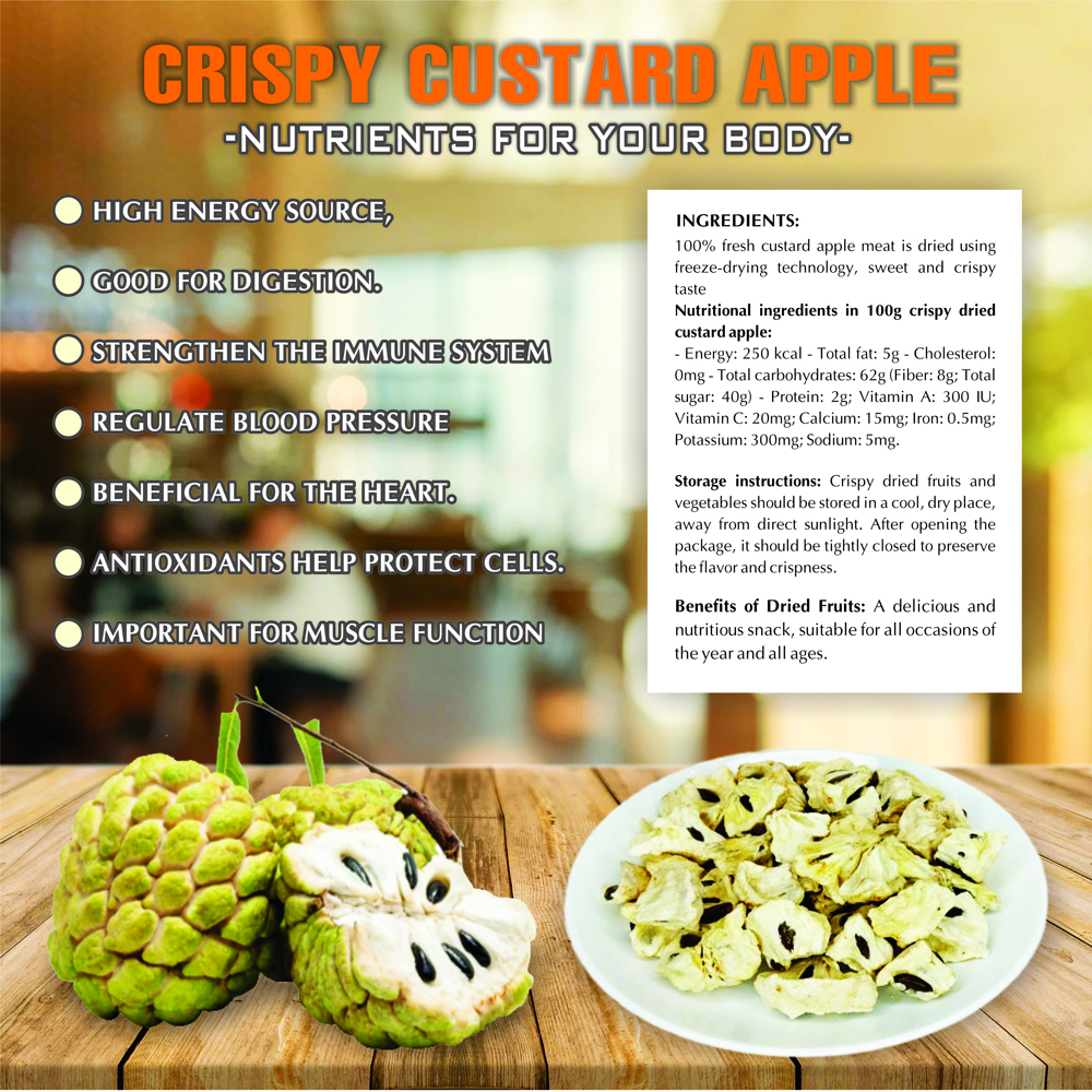 CRISPY DRIED CUSTARD APPLE 2.47 oz (70g) VIETFARMFOOD: Freeze-dried, No Sugar Added, Naturally Sweet, Convenient Packaging, Many Nutrients Beneficial To Health, Suitable For Snacking Or As A Gift.