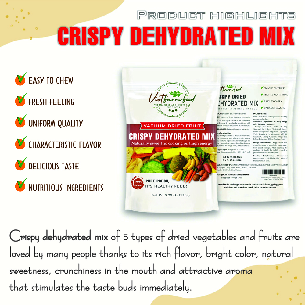 CRISPY DEHYDRATED MIX 5.29 oz (150g) VIETFARMFOOD: Freeze-dried, No Sugar Added, Naturally Sweet, Convenient Packaging, Many Nutrients Beneficial To Health, Suitable For Snacking Or As A Gift.