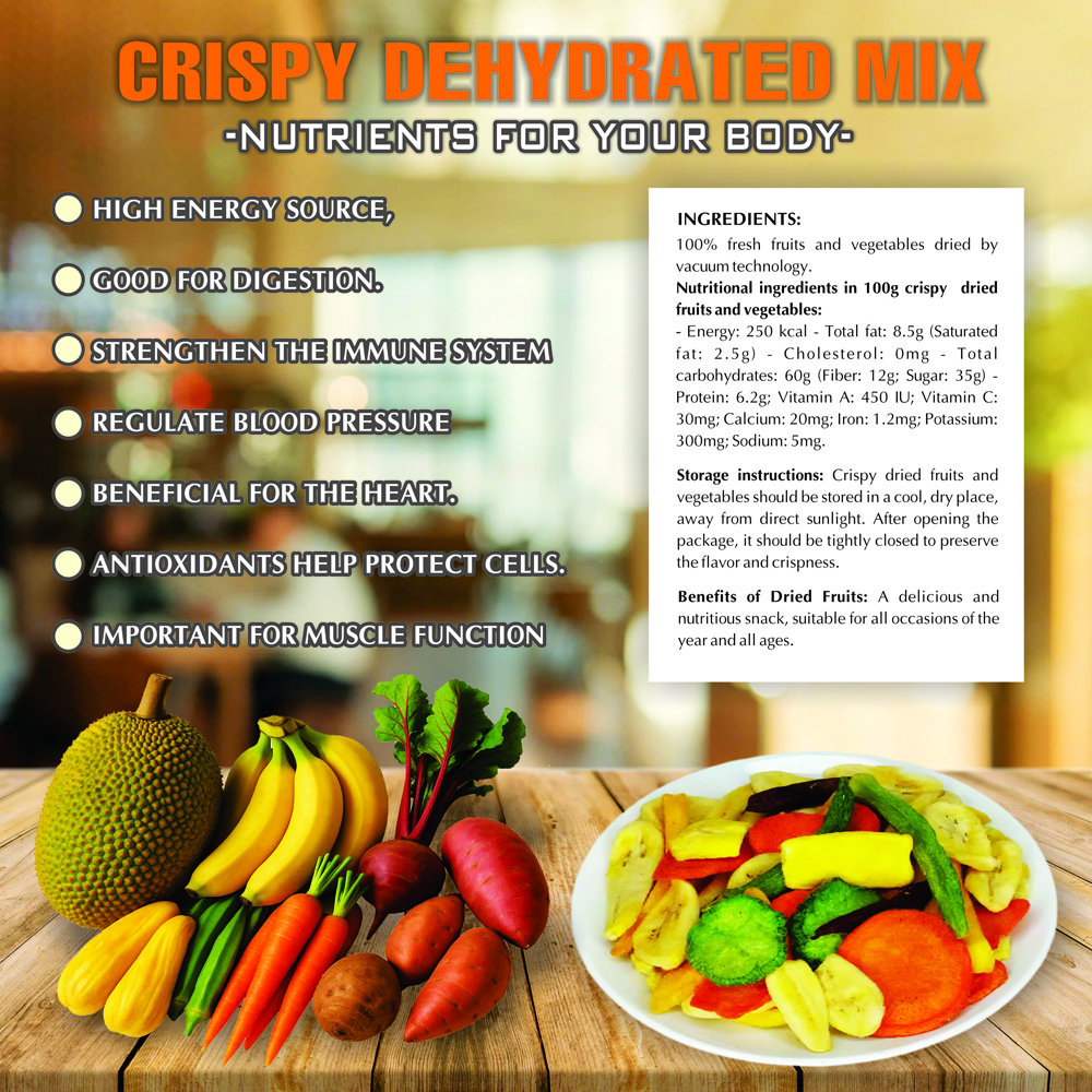 CRISPY DEHYDRATED MIX 5.29 oz (150g) VIETFARMFOOD: Freeze-dried, No Sugar Added, Naturally Sweet, Convenient Packaging, Many Nutrients Beneficial To Health, Suitable For Snacking Or As A Gift.