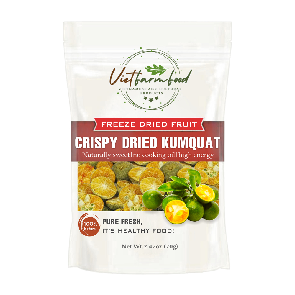CRISPY DRIED KUMQUAT 2.47 oz (70g) VIETFARMFOOD: Freeze-dried, No Sugar Added, Naturally Sweet, Convenient Packaging, Many Nutrients Beneficial To Health, Suitable For Snacking Or As A Gift.