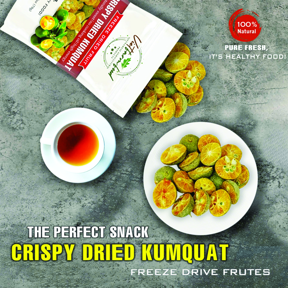 CRISPY DRIED KUMQUAT 2.47 oz (70g) VIETFARMFOOD: Freeze-dried, No Sugar Added, Naturally Sweet, Convenient Packaging, Many Nutrients Beneficial To Health, Suitable For Snacking Or As A Gift.