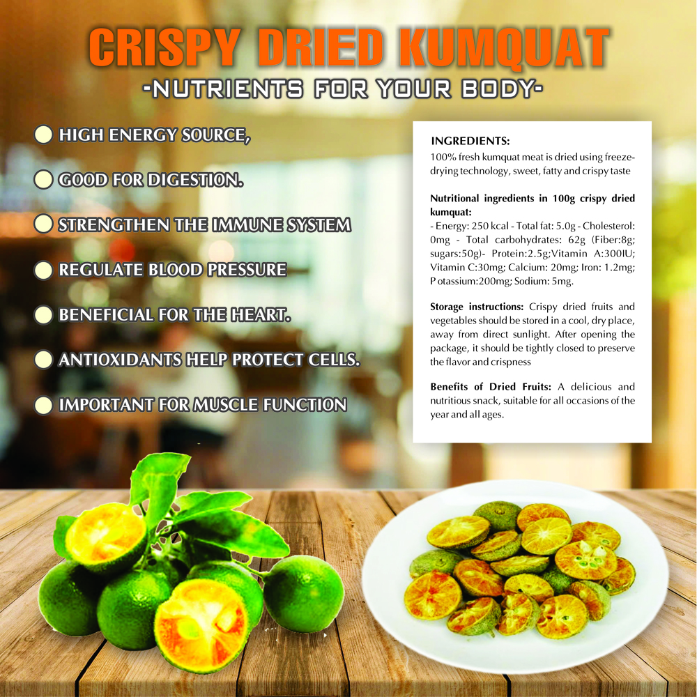 CRISPY DRIED KUMQUAT 2.47 oz (70g) VIETFARMFOOD: Freeze-dried, No Sugar Added, Naturally Sweet, Convenient Packaging, Many Nutrients Beneficial To Health, Suitable For Snacking Or As A Gift.