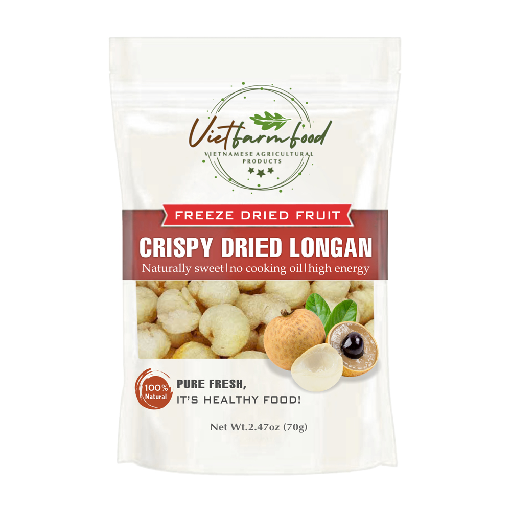CRISPY DRIED LONGAN 2.47 oz (70g) VIETFARMFOOD: Freeze-dried, No Sugar Added, Naturally Sweet, Convenient Packaging, Many Nutrients Beneficial To Health, Suitable For Snacking Or As A Gift.