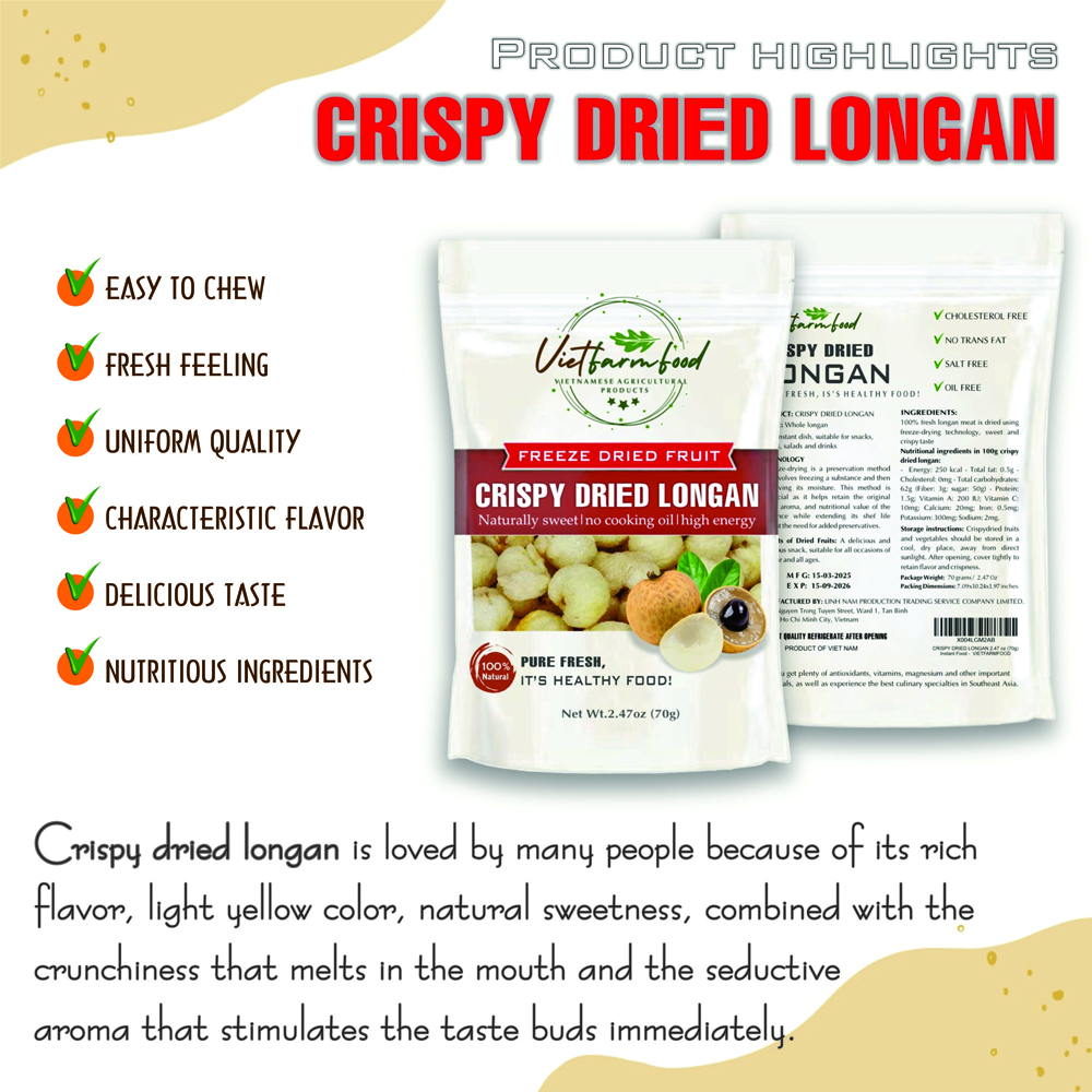 CRISPY DRIED LONGAN 2.47 oz (70g) VIETFARMFOOD: Freeze-dried, No Sugar Added, Naturally Sweet, Convenient Packaging, Many Nutrients Beneficial To Health, Suitable For Snacking Or As A Gift.