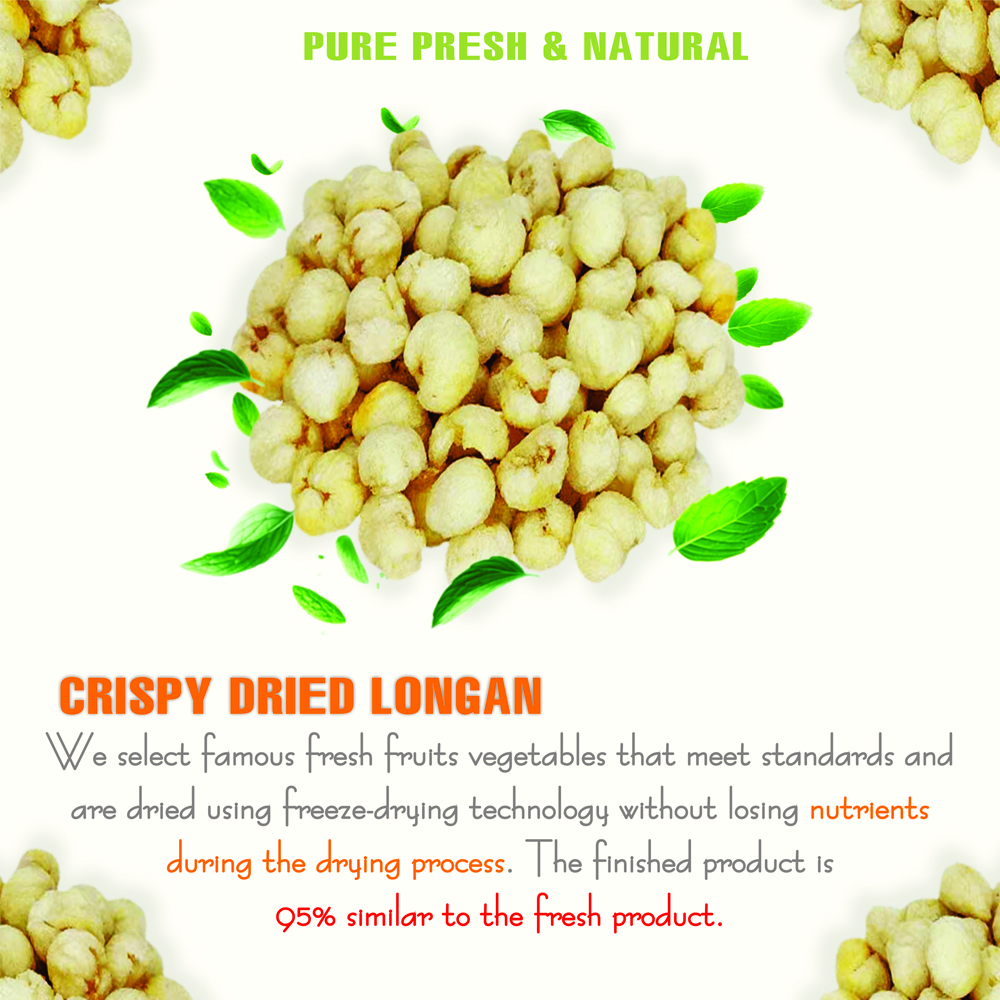 CRISPY DRIED LONGAN 2.47 oz (70g) VIETFARMFOOD: Freeze-dried, No Sugar Added, Naturally Sweet, Convenient Packaging, Many Nutrients Beneficial To Health, Suitable For Snacking Or As A Gift.