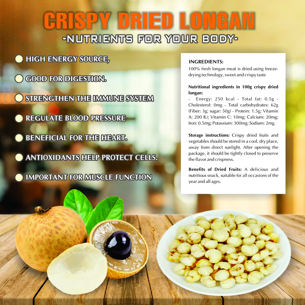 CRISPY DRIED LONGAN 2.47 oz (70g) VIETFARMFOOD: Freeze-dried, No Sugar Added, Naturally Sweet, Convenient Packaging, Many Nutrients Beneficial To Health, Suitable For Snacking Or As A Gift.
