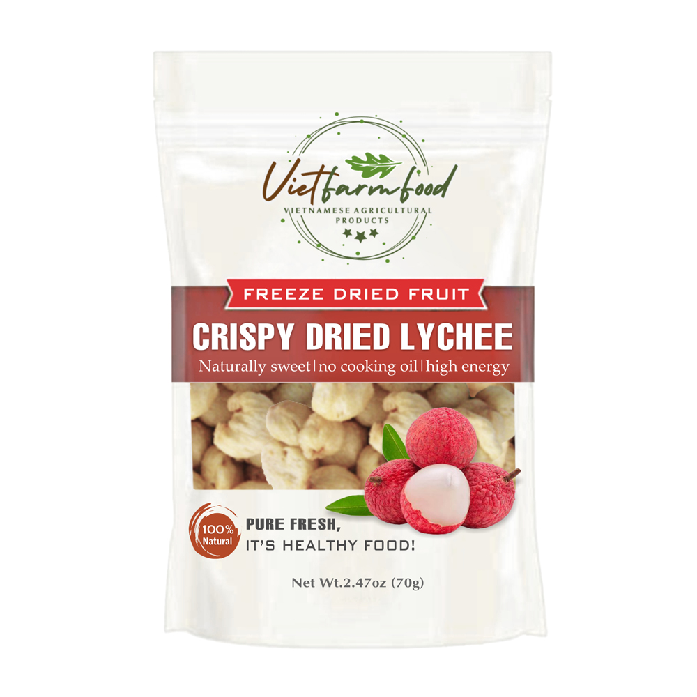 CRISPY DRIED LYCHEE 2.47oz (70g) VIETFARMFOOD: Freeze-dried, No Sugar Added, Naturally Sweet, Convenient Packaging, Many Nutrients Beneficial To Health, Suitable For Snacking Or As A Gift