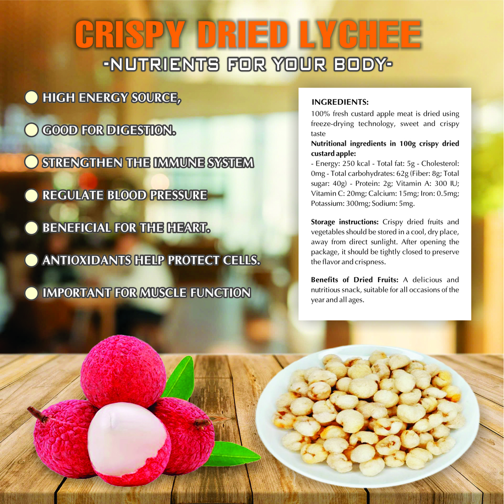 CRISPY DRIED LYCHEE 2.47oz (70g) VIETFARMFOOD: Freeze-dried, No Sugar Added, Naturally Sweet, Convenient Packaging, Many Nutrients Beneficial To Health, Suitable For Snacking Or As A Gift