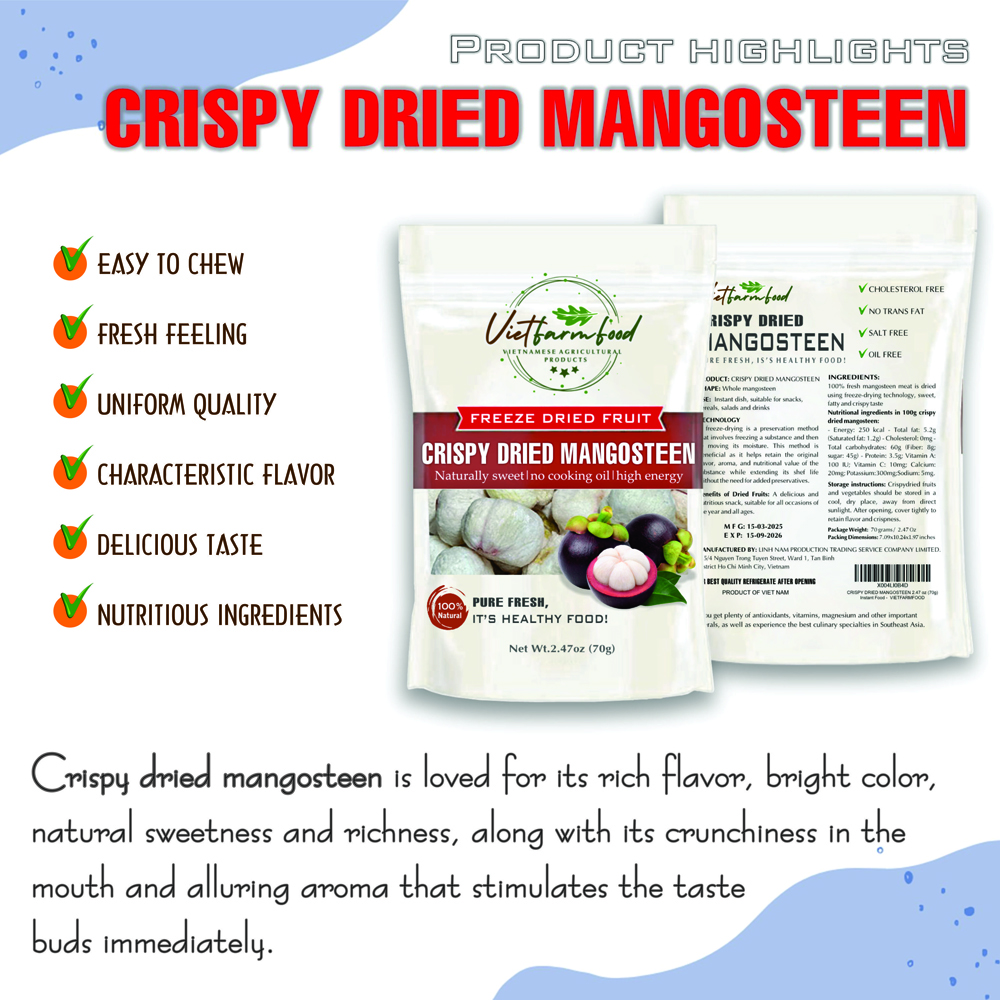 CRISPY DRIED MANGOSTEEN 2.47oz (70g) VIETFARMFOOD: Freeze-dried, No Sugar Added, Naturally Sweet, Convenient Packaging, Many Nutrients Beneficial To Health, Suitable For Snacking Or As A Gift
