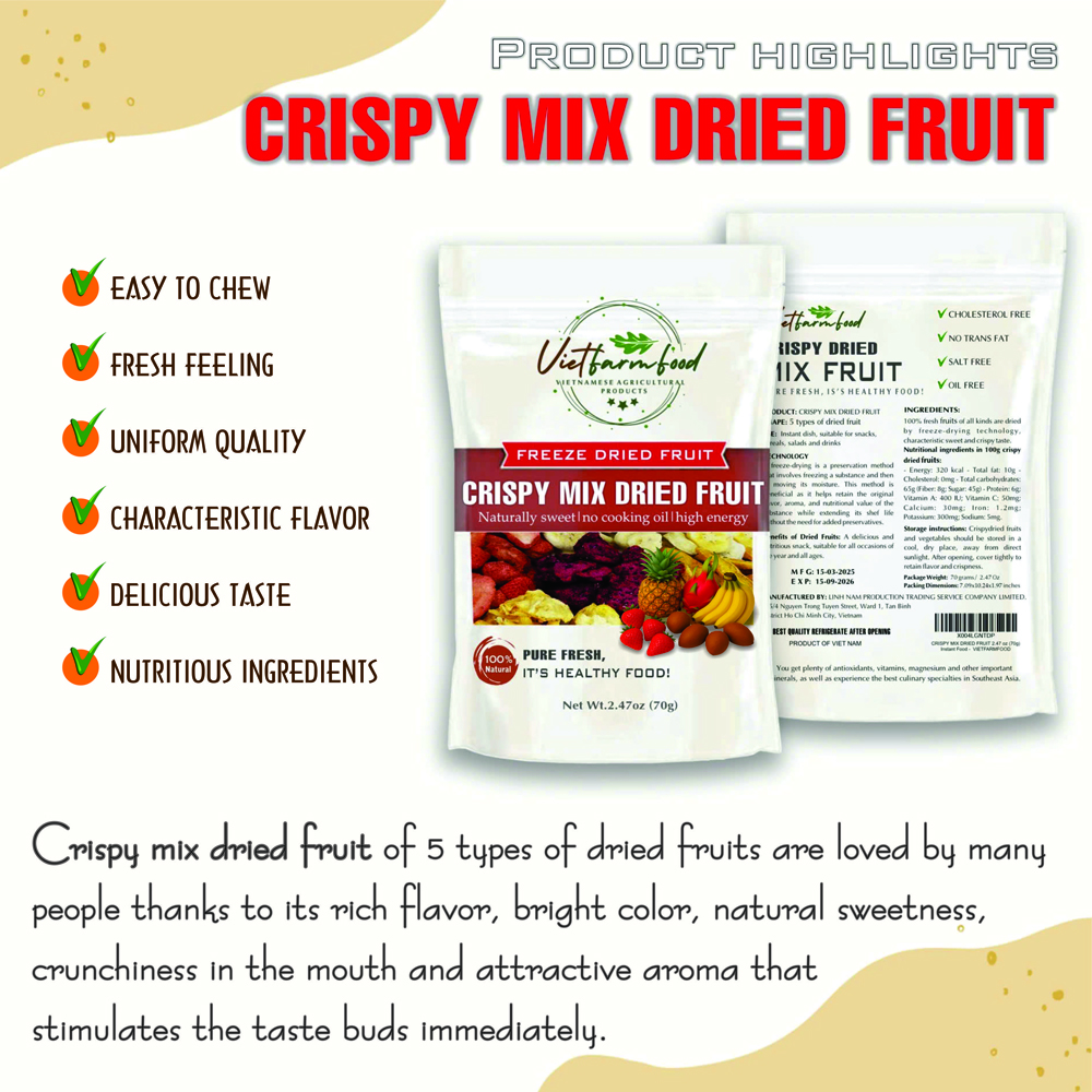 CRISPY MIX DRIED FRUIT 2.47 oz (70g) VIETFARMFOOD: Freeze-dried, No Sugar Added, Naturally Sweet, Convenient Packaging, Many Nutrients Beneficial To Health, Suitable For Snacking Or As A Gift.