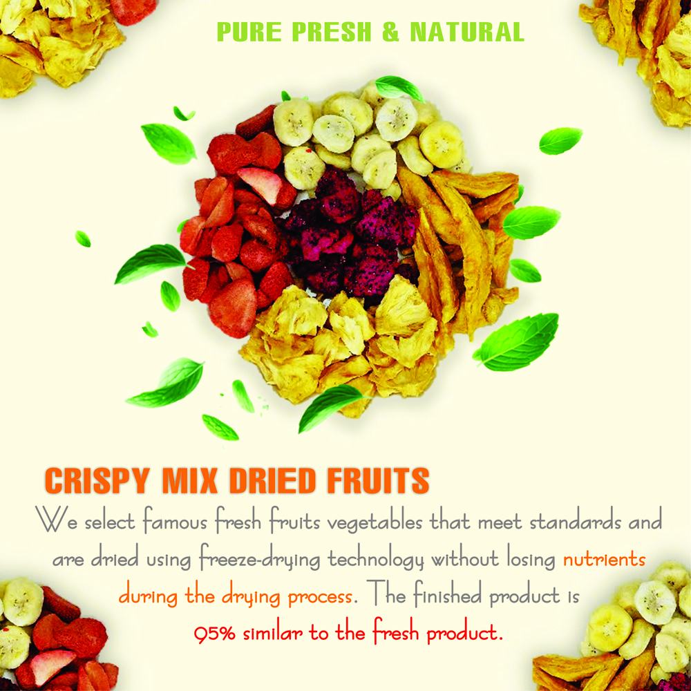 CRISPY MIX DRIED FRUIT 2.47 oz (70g) VIETFARMFOOD: Freeze-dried, No Sugar Added, Naturally Sweet, Convenient Packaging, Many Nutrients Beneficial To Health, Suitable For Snacking Or As A Gift.
