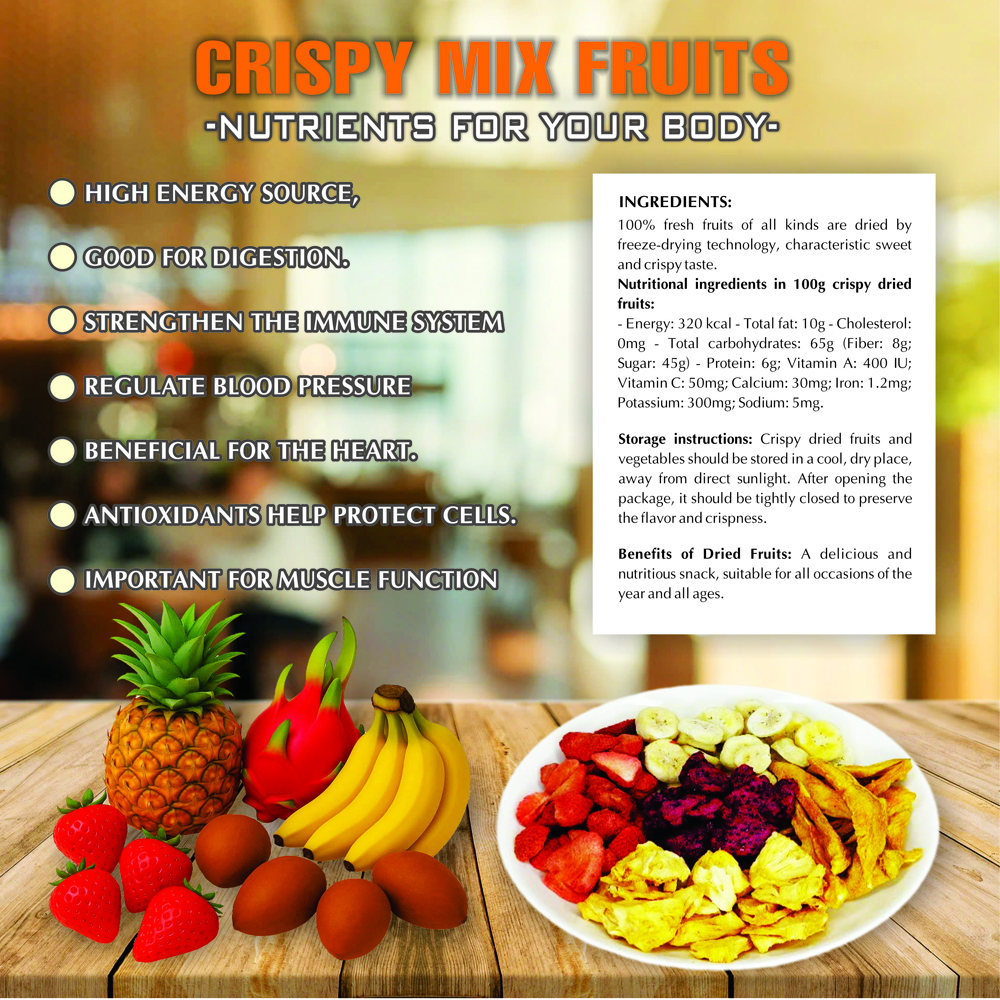 CRISPY MIX DRIED FRUIT 2.47 oz (70g) VIETFARMFOOD: Freeze-dried, No Sugar Added, Naturally Sweet, Convenient Packaging, Many Nutrients Beneficial To Health, Suitable For Snacking Or As A Gift.