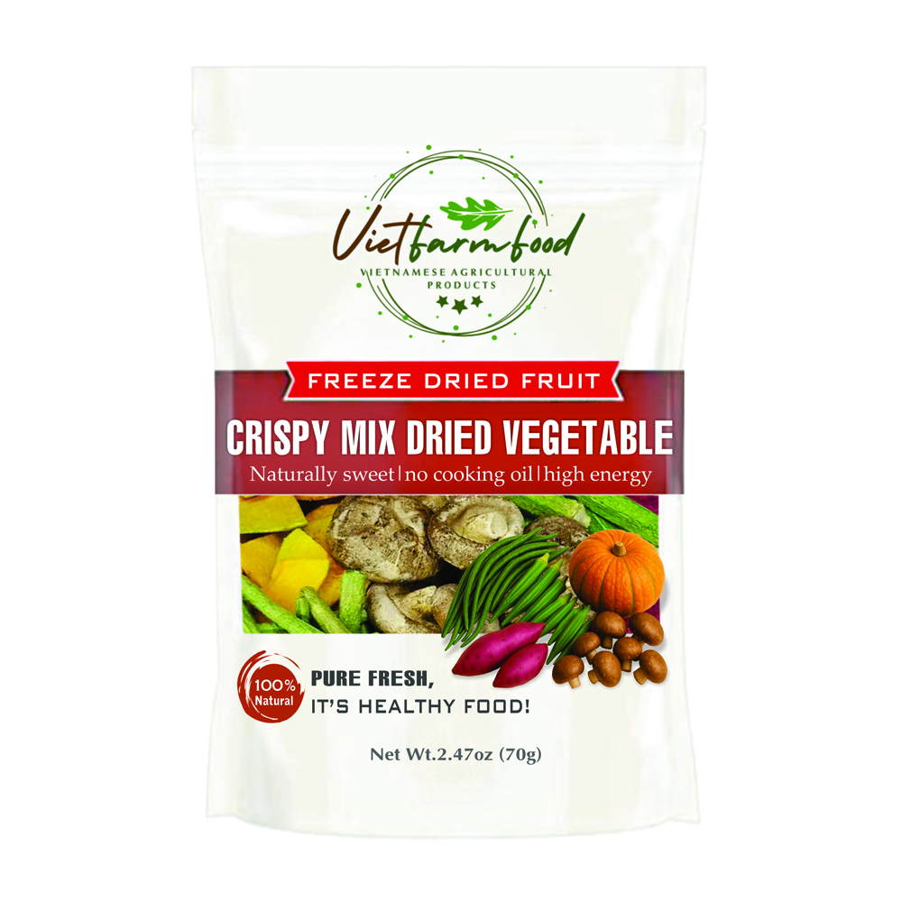 CRISPY MIX DRIED VEGETABLES 2.47 oz (70g) VIETFARMFOOD: Freeze-dried, No Sugar Added, Naturally Sweet, Convenient Packaging, Many Nutrients Beneficial To Health, Suitable For Snacking Or As A Gift.