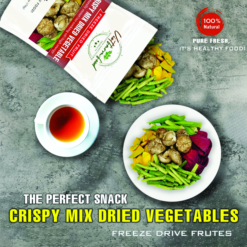 CRISPY MIX DRIED VEGETABLES 2.47 oz (70g) VIETFARMFOOD: Freeze-dried, No Sugar Added, Naturally Sweet, Convenient Packaging, Many Nutrients Beneficial To Health, Suitable For Snacking Or As A Gift.