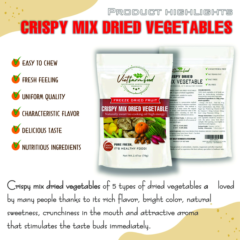 CRISPY MIX DRIED VEGETABLES 2.47 oz (70g) VIETFARMFOOD: Freeze-dried, No Sugar Added, Naturally Sweet, Convenient Packaging, Many Nutrients Beneficial To Health, Suitable For Snacking Or As A Gift.