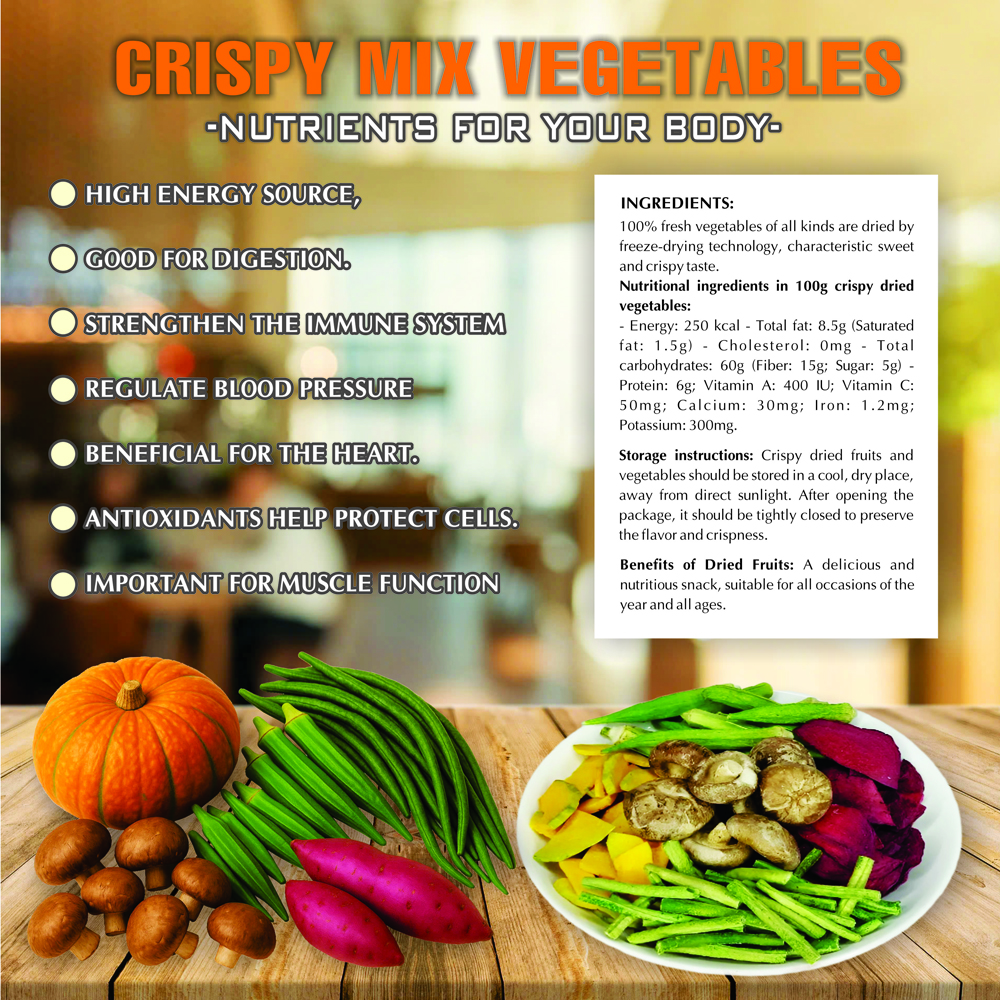 CRISPY MIX DRIED VEGETABLES 2.47 oz (70g) VIETFARMFOOD: Freeze-dried, No Sugar Added, Naturally Sweet, Convenient Packaging, Many Nutrients Beneficial To Health, Suitable For Snacking Or As A Gift.