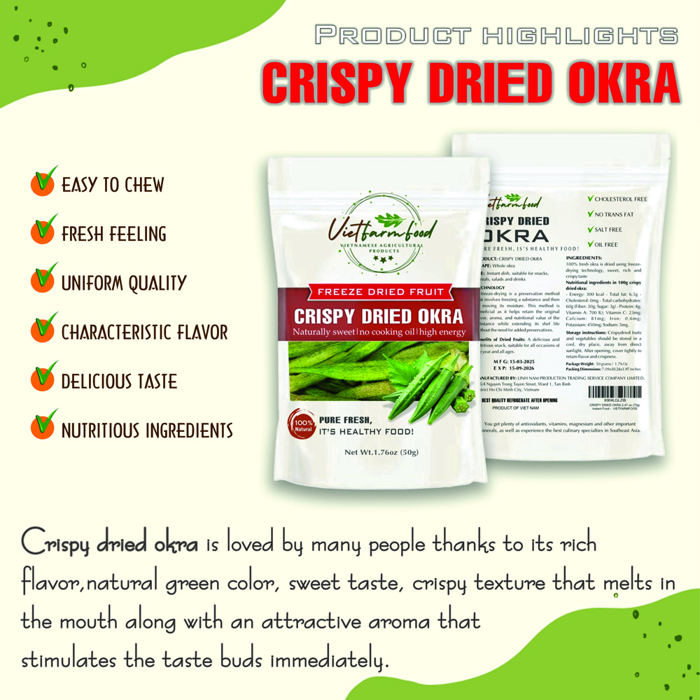 CRISPY DRIED OKRA 1.76 oz (50g) VIETFARMFOOD: Freeze-dried, No Sugar Added, Naturally Sweet, Convenient Packaging, Many Nutrients Beneficial To Health, Suitable For Snacking Or As A Gift.