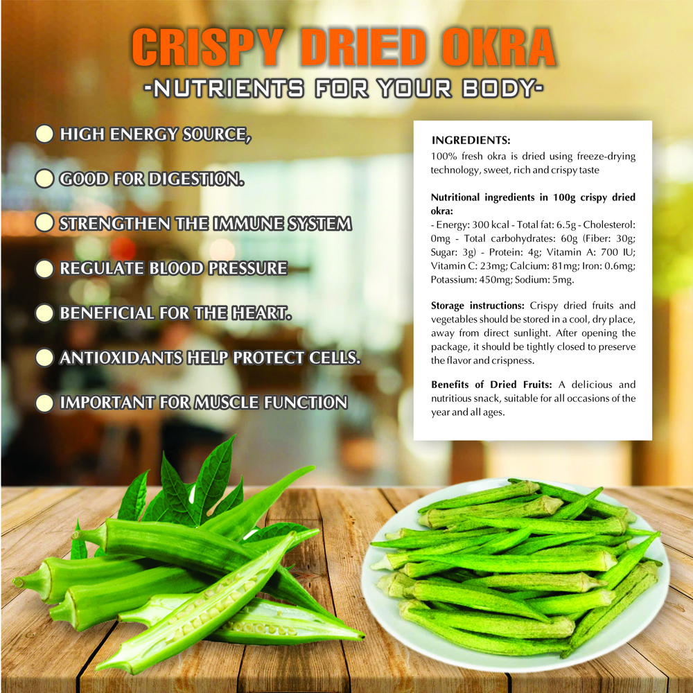 CRISPY DRIED OKRA 1.76 oz (50g) VIETFARMFOOD: Freeze-dried, No Sugar Added, Naturally Sweet, Convenient Packaging, Many Nutrients Beneficial To Health, Suitable For Snacking Or As A Gift.