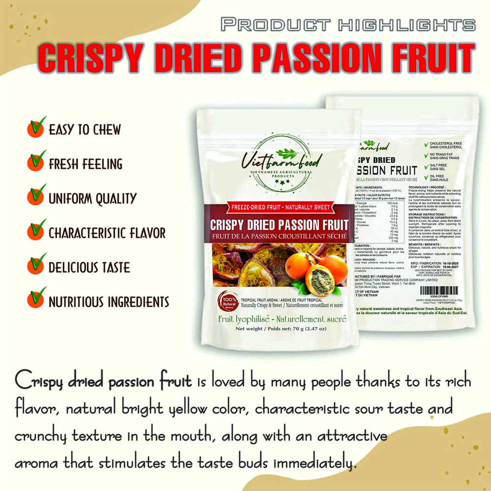CRISPY DRIED PASSION FRUIT 2.47 oz (70g) VIETFARMFOOD: Freeze-dried, No Sugar Added, Naturally Sweet, Convenient Packaging, Many Nutrients Beneficial To Health, Suitable For Snacking Or As A Gift.