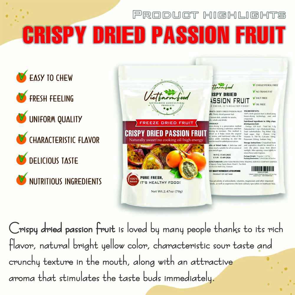 CRISPY DRIED PASSION FRUIT 2.47 oz (70g) VIETFARMFOOD: Freeze-dried, No Sugar Added, Naturally Sweet, Convenient Packaging, Many Nutrients Beneficial To Health, Suitable For Snacking Or As A Gift.
