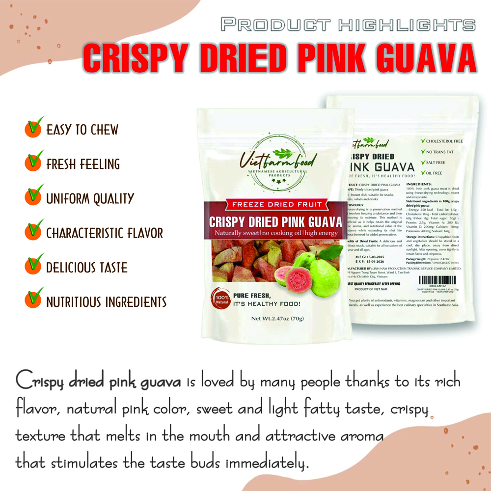 CRISPY DRIED PINK GUAVA 2.47 oz (70g) VIETFARMFOOD: Freeze-dried, No Sugar Added, Naturally Sweet, Convenient Packaging, Many Nutrients Beneficial To Health, Suitable For Snacking Or As A Gift.