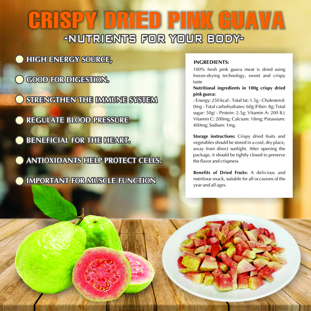 CRISPY DRIED PINK GUAVA 2.47 oz (70g) VIETFARMFOOD: Freeze-dried, No Sugar Added, Naturally Sweet, Convenient Packaging, Many Nutrients Beneficial To Health, Suitable For Snacking Or As A Gift.