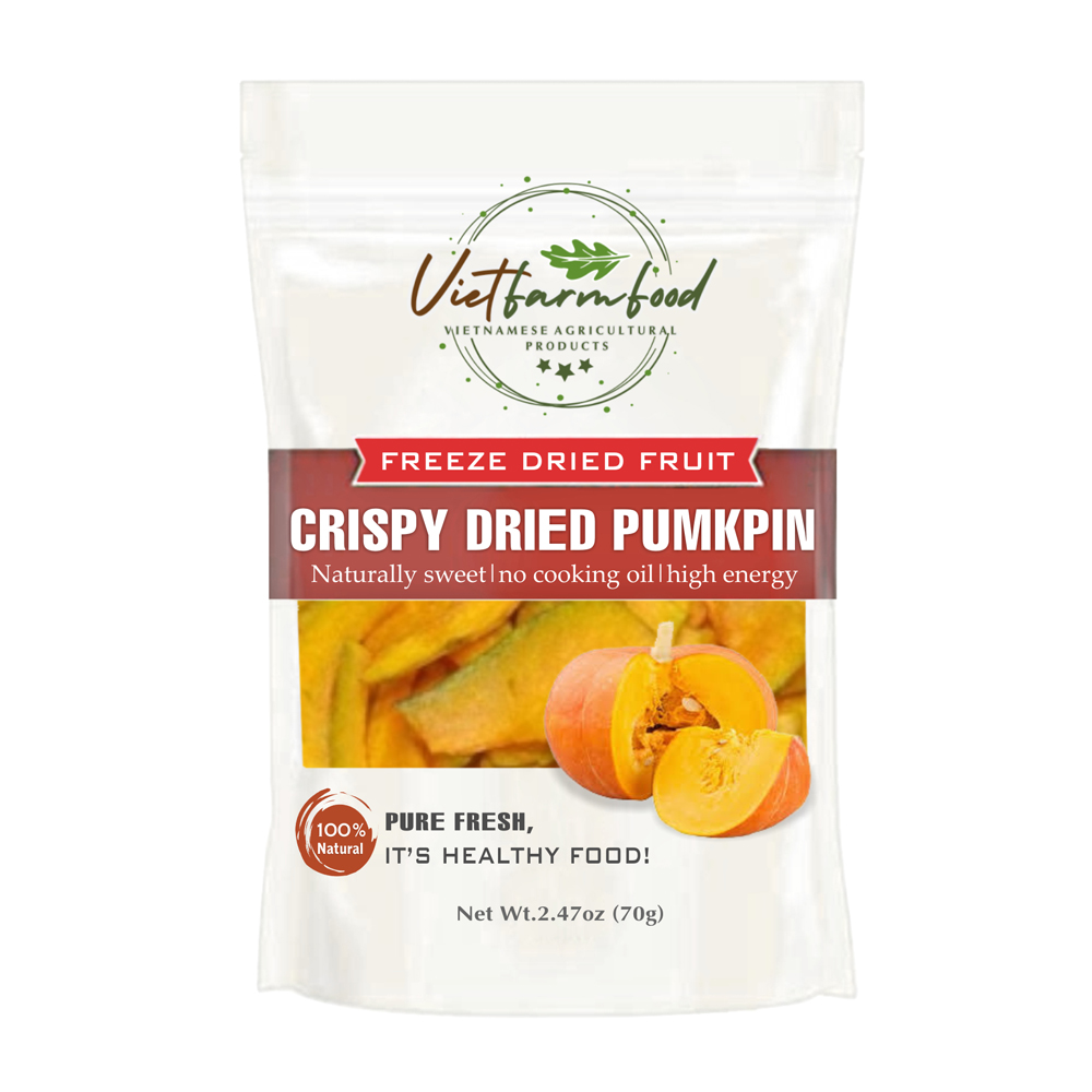 CRISPY DRIED PUMPKIN 2.47 oz (70g) VIETFARMFOOD: Freeze-dried, No Sugar Added, Naturally Sweet, Convenient Packaging, Many Nutrients Beneficial To Health, Suitable For Snacking Or As A Gift.