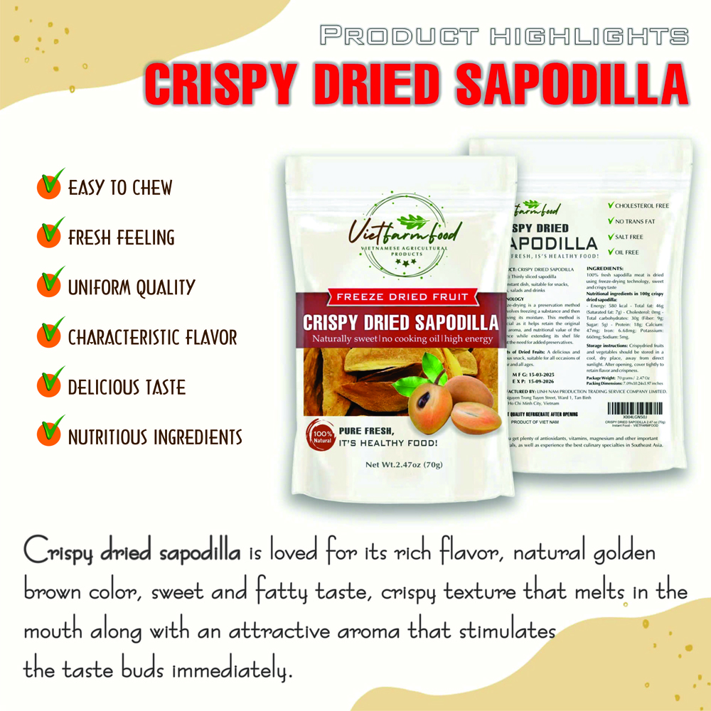 CRISPY DRIED SAPODILLA 2.47 oz (70g) VIETFARMFOOD: Freeze-dried, No Sugar Added, Naturally Sweet, Convenient Packaging, Many Nutrients Beneficial To Health, Suitable For Snacking Or As A Gift.