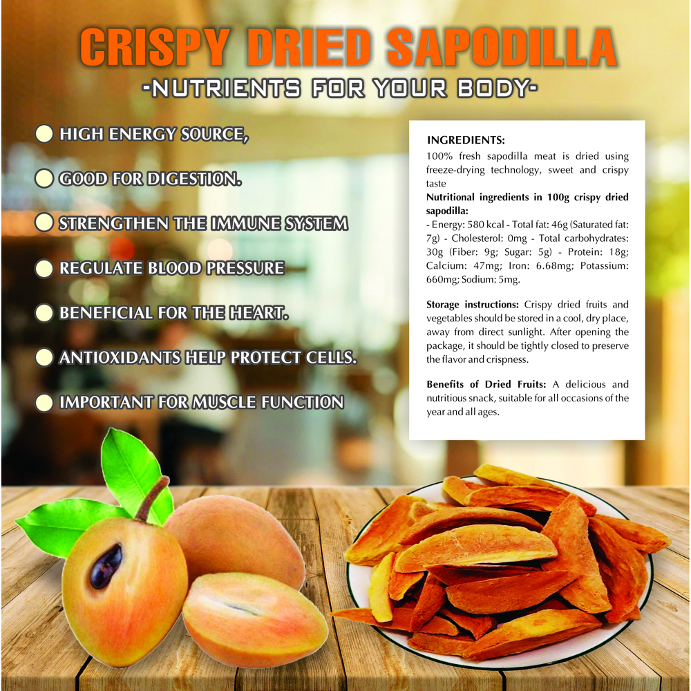 CRISPY DRIED SAPODILLA 2.47 oz (70g) VIETFARMFOOD: Freeze-dried, No Sugar Added, Naturally Sweet, Convenient Packaging, Many Nutrients Beneficial To Health, Suitable For Snacking Or As A Gift.
