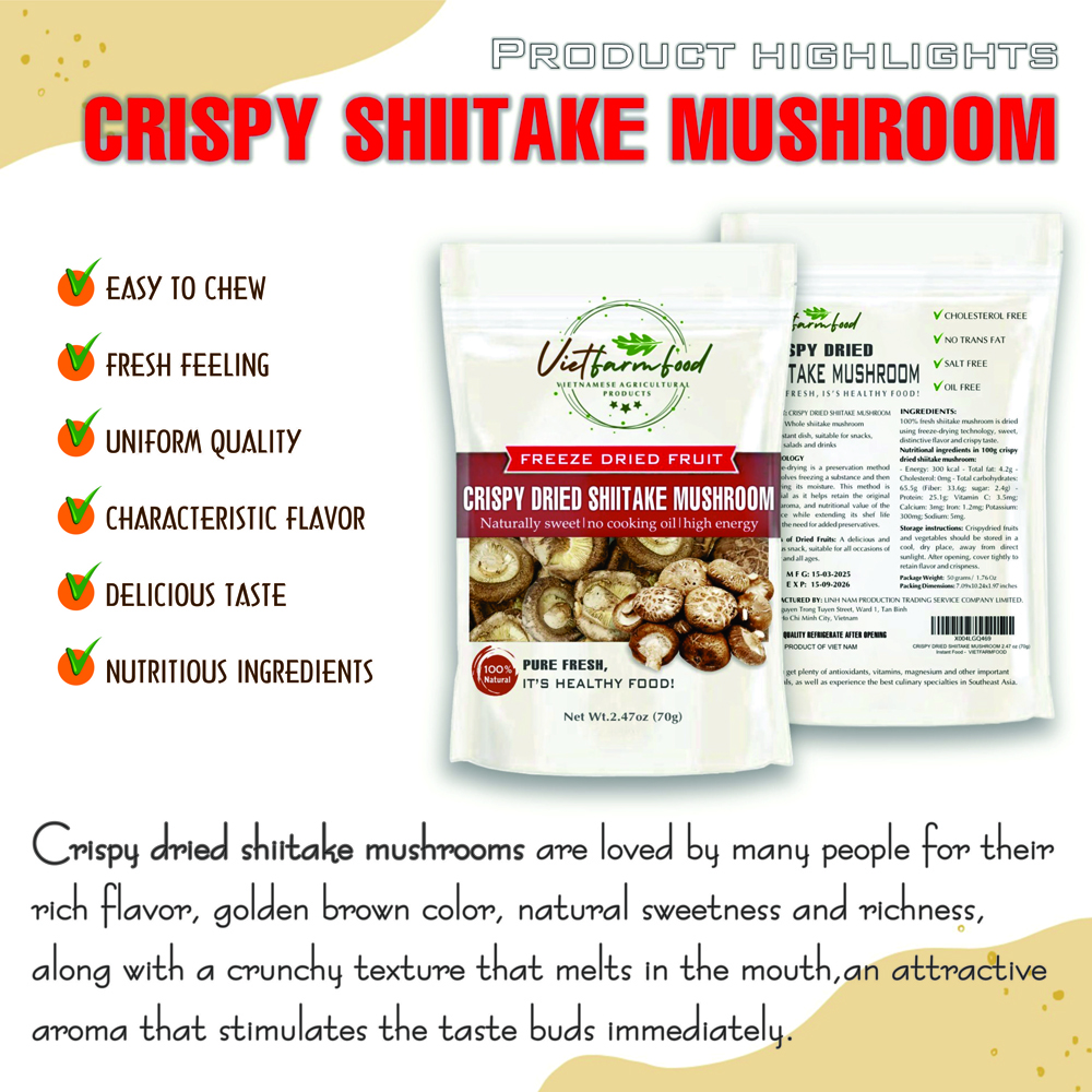 CRISPY SHIITAKE MUSHROOM 1.76 oz (50g) VIETFARMFOOD: Freeze-dried, No Sugar Added, Naturally Sweet, Convenient Packaging, Many Nutrients Beneficial To Health, Suitable For Snacking Or As A Gift.