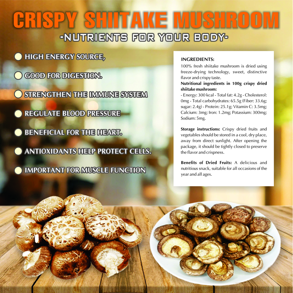CRISPY SHIITAKE MUSHROOM 1.76 oz (50g) VIETFARMFOOD: Freeze-dried, No Sugar Added, Naturally Sweet, Convenient Packaging, Many Nutrients Beneficial To Health, Suitable For Snacking Or As A Gift.