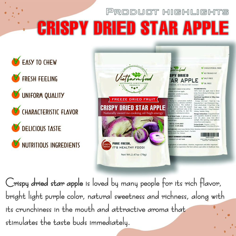 CRISPY DRIED STAR APPLE 2.47 oz (70g) VIETFARMFOOD: Freeze-dried, No Sugar Added, Naturally Sweet, Convenient Packaging, Many Nutrients Beneficial To Health, Suitable For Snacking Or As A Gift.